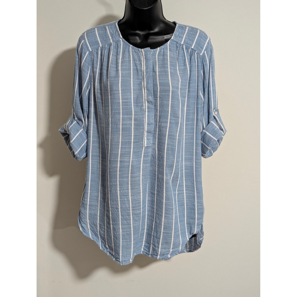 Nine West Jeans Striped Roll Sleeve Top Blouse Button Down Tunic Blue Large